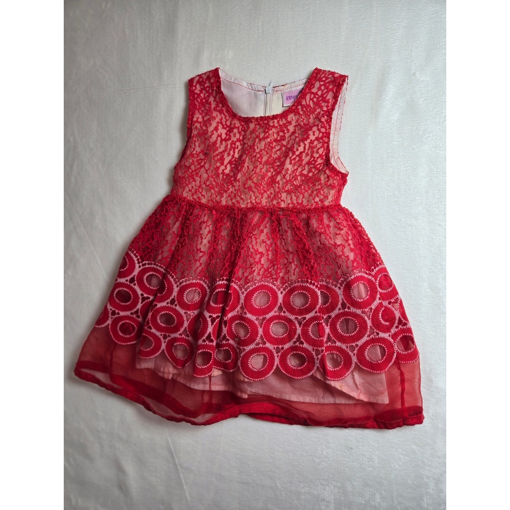 Chirpy Girls Red Lace Sleeveless Circle Pattern Mesh Hem Party Dress Size 2